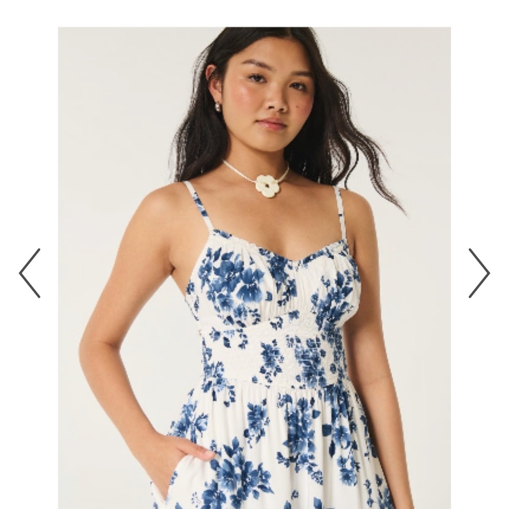 Hollister Co White and Blue Floral Smocked Waist Crisscross Back Midi Dress